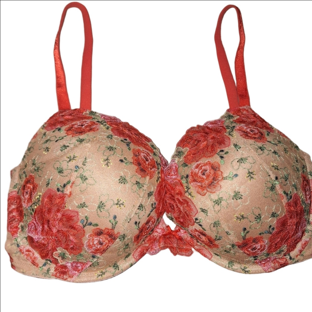 Victoria's Secret Red and Cream Floral Embroidered Bra 36DD